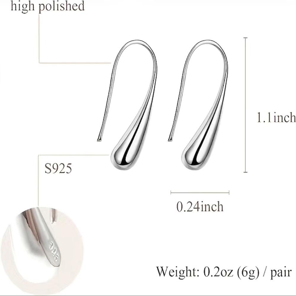 NWT 💧 1” STAMPED .925 STERLING SILVER WATER DROPLET TEAR DROP PIERCED EARRINGS - Picture 12 of 12
